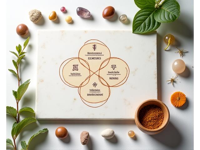 O diagramă cu text sanscrit și elemente simbolice ale principiilor Ayurveda, pe un fundal cu plante medicinale.