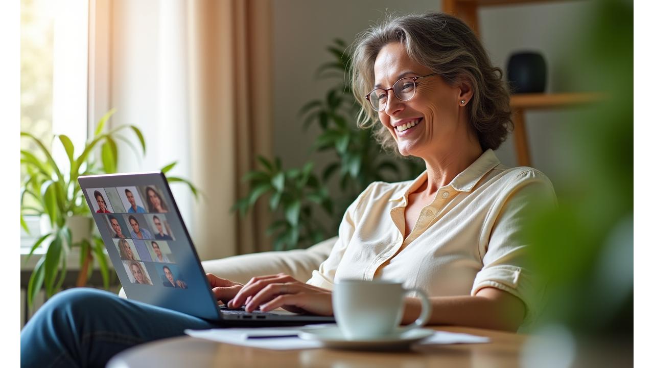 O femeie zâmbitoare, de vârstă mijlocie, participă la un atelier virtual de wellness pe laptop, într-o încăpere luminoasă, înconjurată de plante.