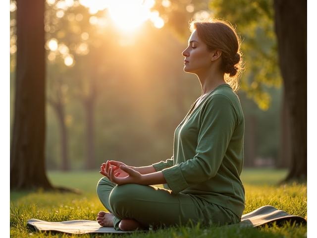 O femeie, cu vârsta în jur de 45-55 de ani, meditează calm, cu ochii închiși, într-un parc, cu lumină blândă de dimineață.