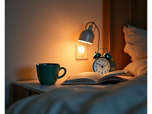 Un ceas deșteptător lângă o carte deschisă și o ceașcă de ceai pe o noptieră, cu lumină caldă, indicând o rutină de seară relaxantă.