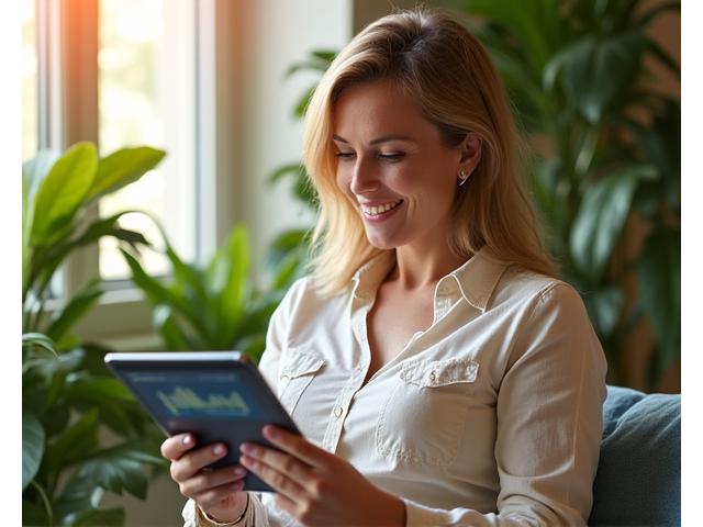 O femeie zâmbitoare de 40-50 de ani citește cu interes o tabletă, înconjurată de plante verzi, simbolizând wellness și informații esențiale.