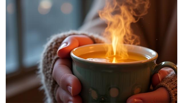 O persoană savurează o ceașcă de ceai fierbinte pe timp de ploaie, reflectând relaxare și confort.