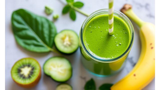 Imagine cu o mână care prepară un smoothie verde, cu ingrediente proaspete aranjate artistic pe masă.