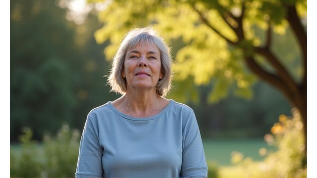 Imagine cu o persoană calmă, cu ochii închiși, meditând într-un parc însorit, cu verdeață luxuriantă.