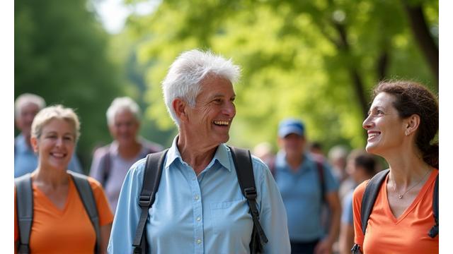 Grup de adulți zâmbitori participând la o plimbare ghidată într-un parc din Cluj-Napoca, cu verdeață luxuriantă, simbolizând un eveniment de comunitate Vidra Vitală.