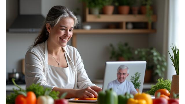O femeie de vârstă mijlocie zâmbitoare participând la o clasă virtuală de gătit sănătos pe un laptop, simbolizând evenimentele online dinamice ale comunității Vidra Vitală.