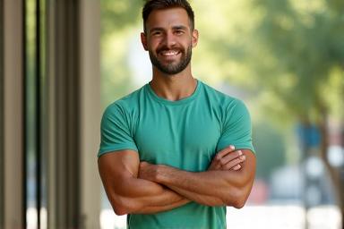 Portret al unui antrenor personal masculin, de vârstă mijlocie, cu o postură încrezătoare, zâmbind, simbolizând ghidarea expertă în exerciții fizice în comunitatea Vidra Vitală.