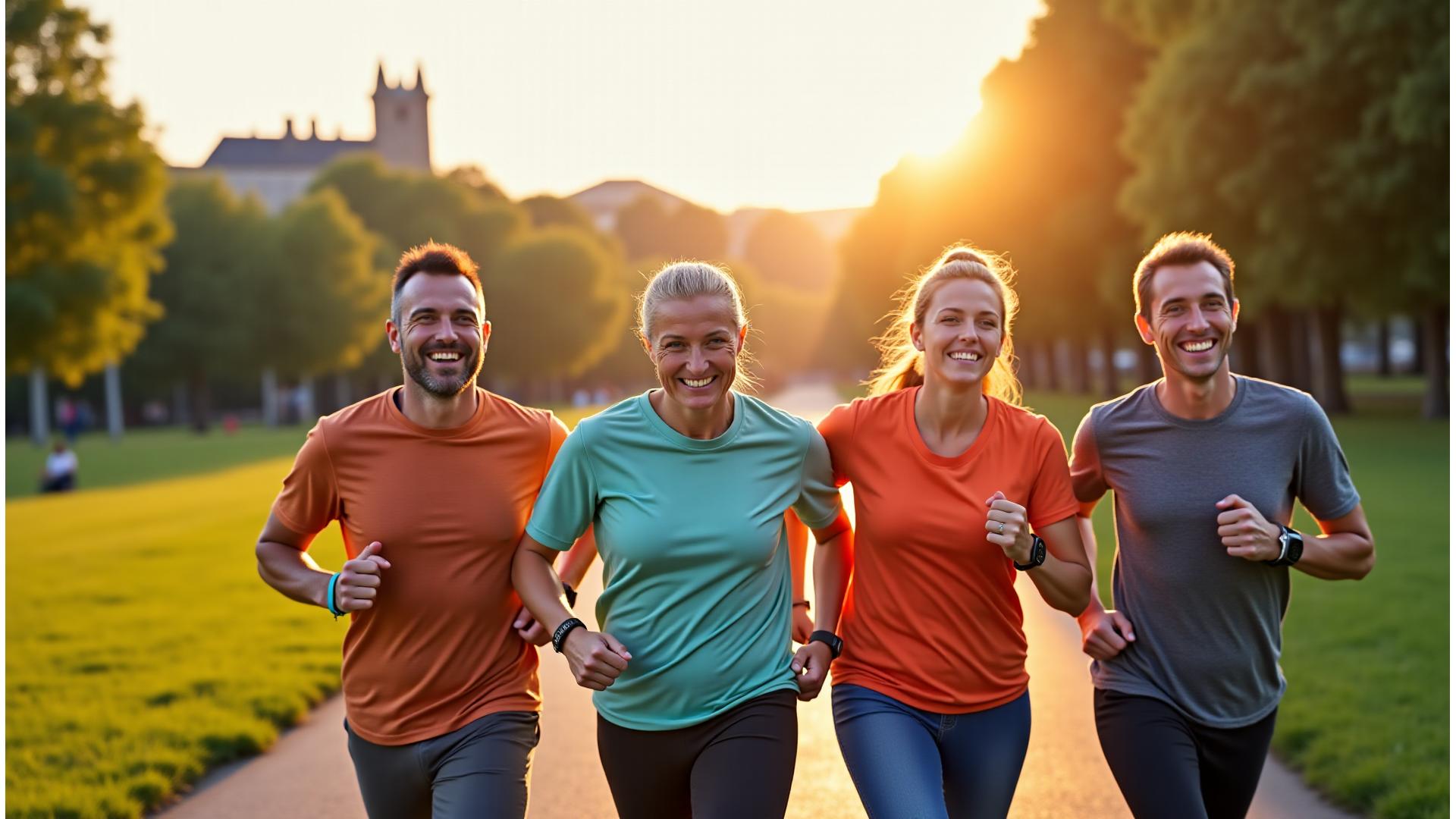 Adulți activi din Cluj-Napoca zâmbitori, plini de vitalitate, cu elemente subtile de tehnologie wellness, într-un parc modern
