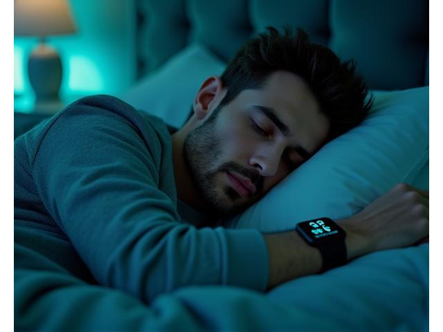 Bărbat relaxat de 40 de ani dormind profund într-un pat confortabil, cu un smartwatch subtil pe încheietura mâinii, indicând monitorizarea somnului.