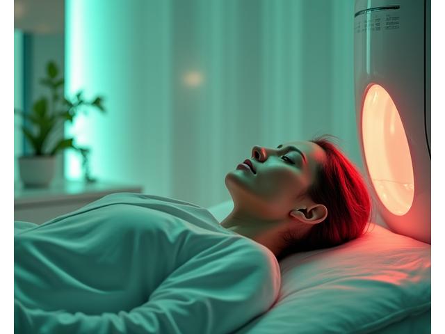 O persoană într-un mediu modern de terapie cu lumină roșie, cu un design curat și futurist, care simbolizează regenerarea celulară și tehnologii anti-aging avansate.