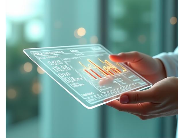 Ilustrație a unui monitor digital care afișează biomarkeri de sănătate și un grafic de vârstă biologică, cu o interfață interactivă.