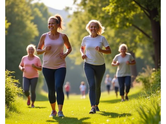 Grup divers de adulți de peste 35 de ani angajați în activități sănătoase: jogging, yoga, gătit, într-un parc verde și însorit, simbolizând prevenția activă.