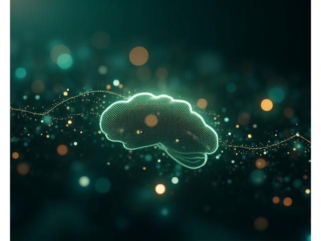 Imagine abstractă care simbolizează inteligența artificială, cu elemente de rețea neuronală și analize de date în culorile brandului.