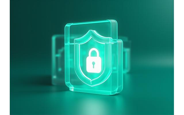 Imagine abstractă ce simbolizează securitatea datelor, cu un scut digital și blocaje interconectate, într-un mediu curat și tehnologic.
