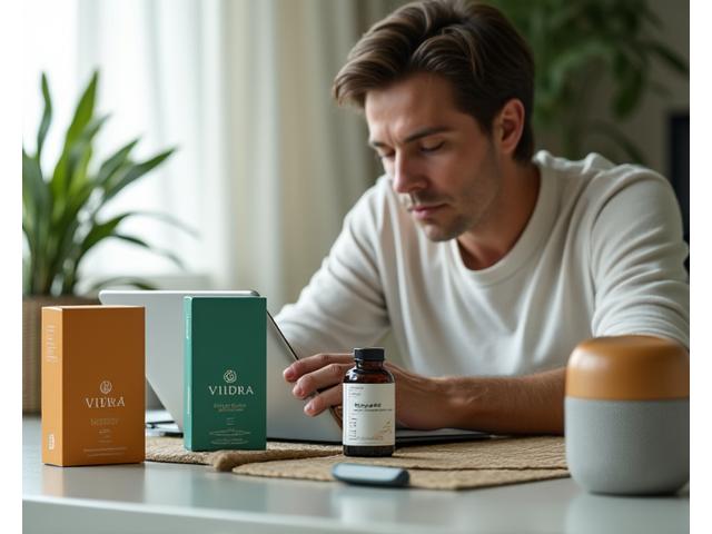 O persoană energică, de peste 40 de ani, navigând printre produse wellness pe o tabletă, înconjurată de flacoane de suplimente, un smartwatch și un purificator de aer. Lumina naturală, o atmosferă de încredere și tehnologie.