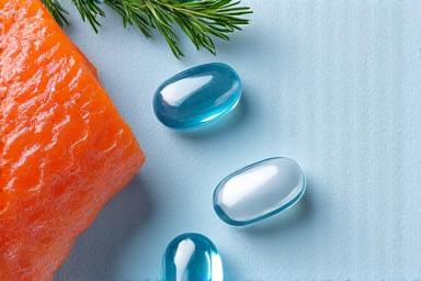 Capsule de Omega-3 de înaltă puritate, așezate lângă pește proaspăt și fructe de mare. Accent pe puritate și beneficii cardiovasculare.
