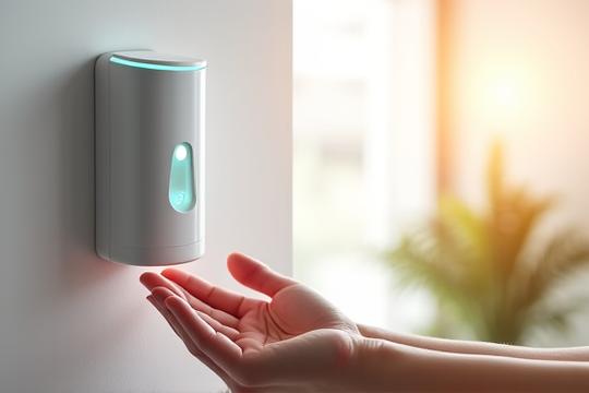 Dozator automat de dezinfectant de mâini, cu mâini întinse sub senzor, într-un spațiu public modern. Subliniază confortul și igienă fără atingere.