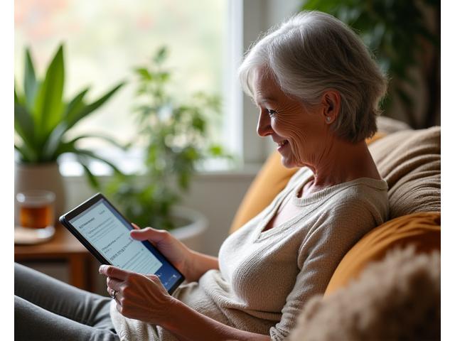 O persoană citește un blog de sănătate pe o tabletă, cu o ceașcă de ceai și plante verzi în fundal, evocând calm și informații utile.