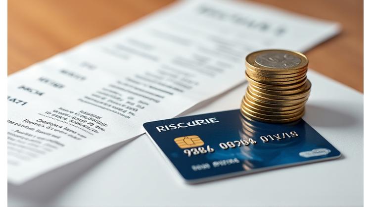 Monede și un card de credit așezate pe o masă, simbolizând tranzacții financiare