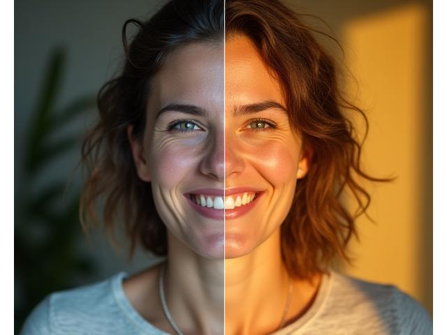 Portret 'Înainte și După' al Anei (48 ani, Cluj-Napoca), ilustrând o îmbunătățire vizibilă a vitalității și sănătății. 'Înainte' arată oboseală, 'După' reflectă o energie și o stare de bine radiantă. Icoane de grafice de progres.
