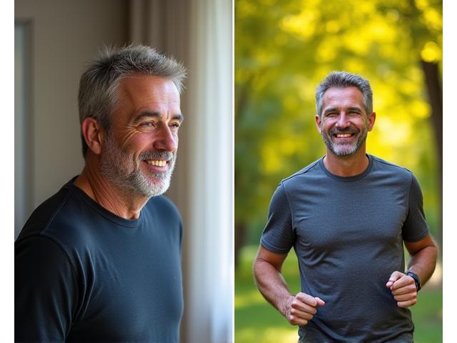 Portret 'Înainte și După' al lui Dan (55 ani, Cluj), arătând o transformare pozitivă a fizicului și o stare generală de bine îmbunătățită. 'Înainte' imaginea este mai statică, iar 'După' este dinamică și plină de viață. Culori în tonurile brandului.