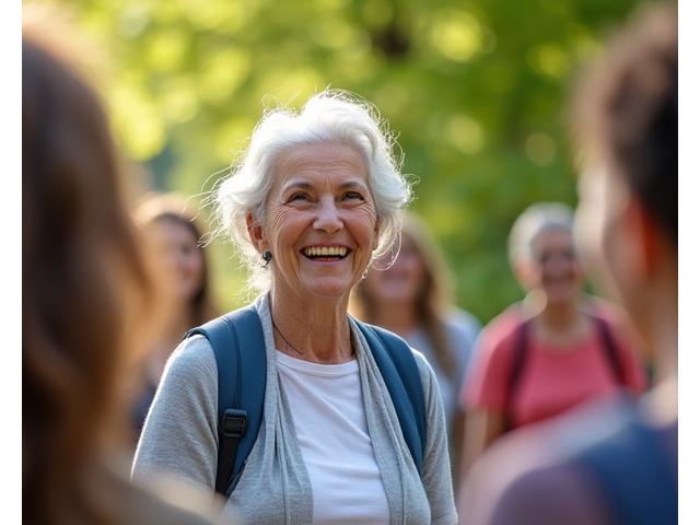 O fotografie vibrantă a Elenei (62 ani, pensionară din Cluj) participând la o activitate locală de grup în aer liber, arătând zâmbete și conectare socială, accentuând îmbunătățirea calității vieții și angajamentul comunității. 'După' imagine clară și plină de viață.